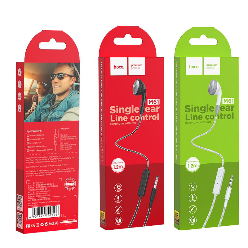 Wired earphone 3.5mm “M61 Nice tone” single ear with microphone