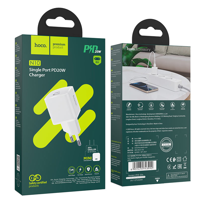 Wall charger “N10 Starter” single port PD20W EU set with cable