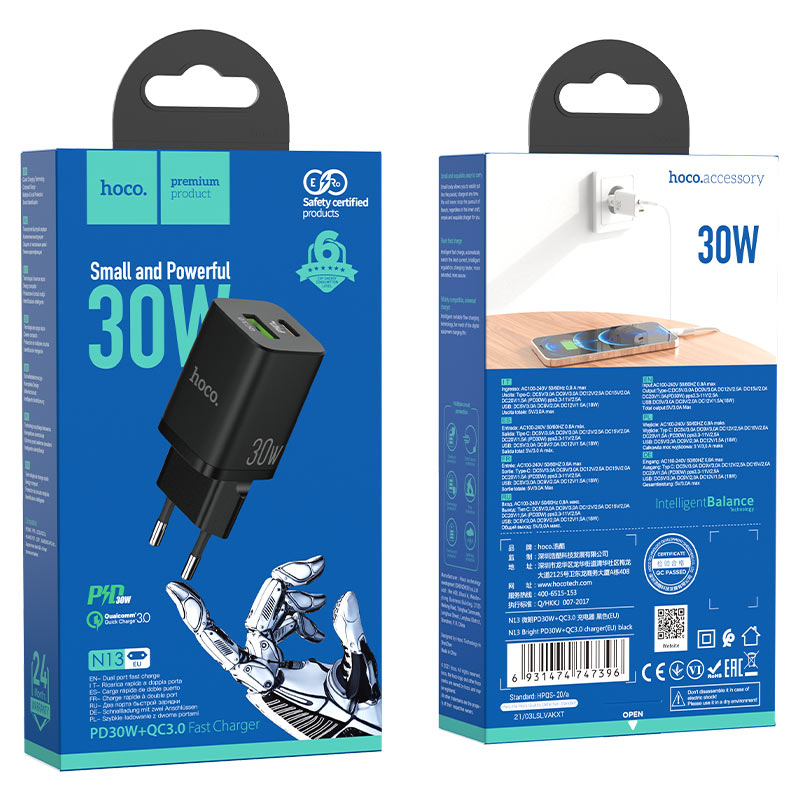 Wall charger “N13 Bright” PD30W + QC3.0 EU set with cable