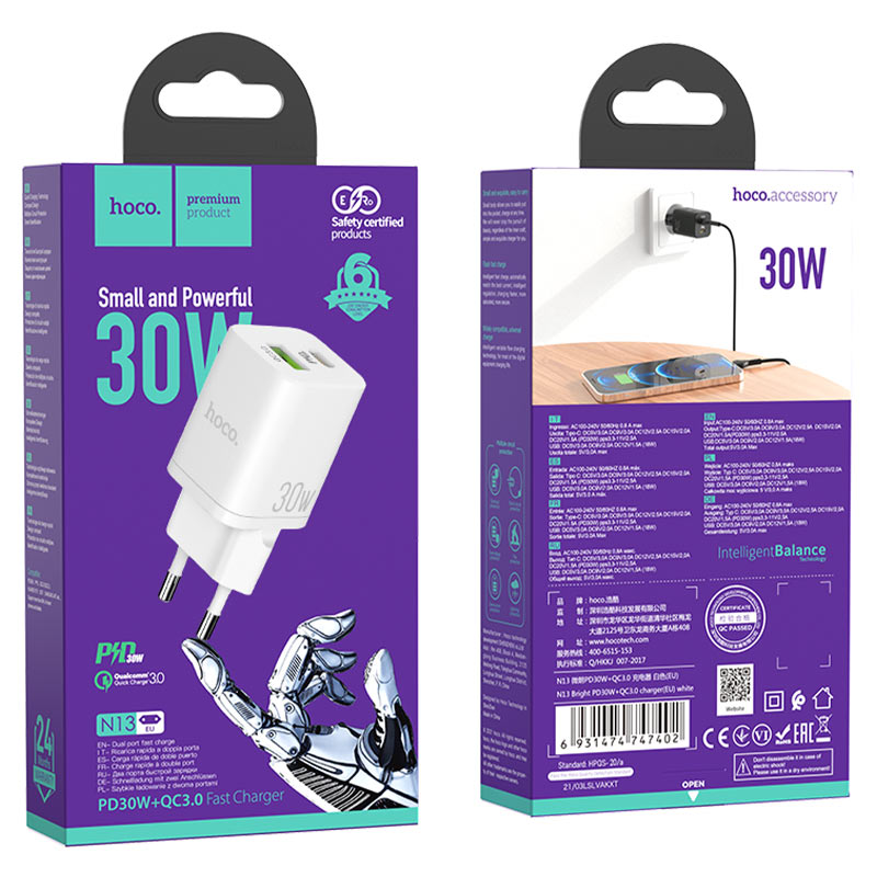 Wall charger “N13 Bright” PD30W + QC3.0 EU set with cable