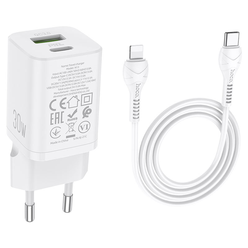 Wall charger “N13 Bright” PD30W + QC3.0 EU set with cable