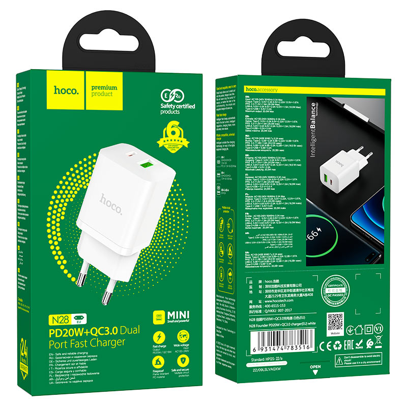 Wall charger “N28 Founder” PD20W + QC3.0 EU cable set