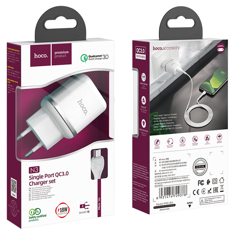 Wall charger “N3 Vigour” QC3.0 EU plug set with cable