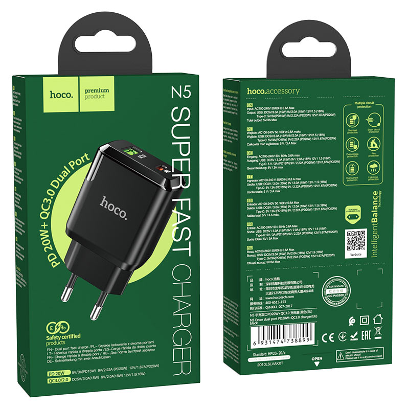 Wall charger “N5 Favor” PD20W + QC3.0 EU set with cable
