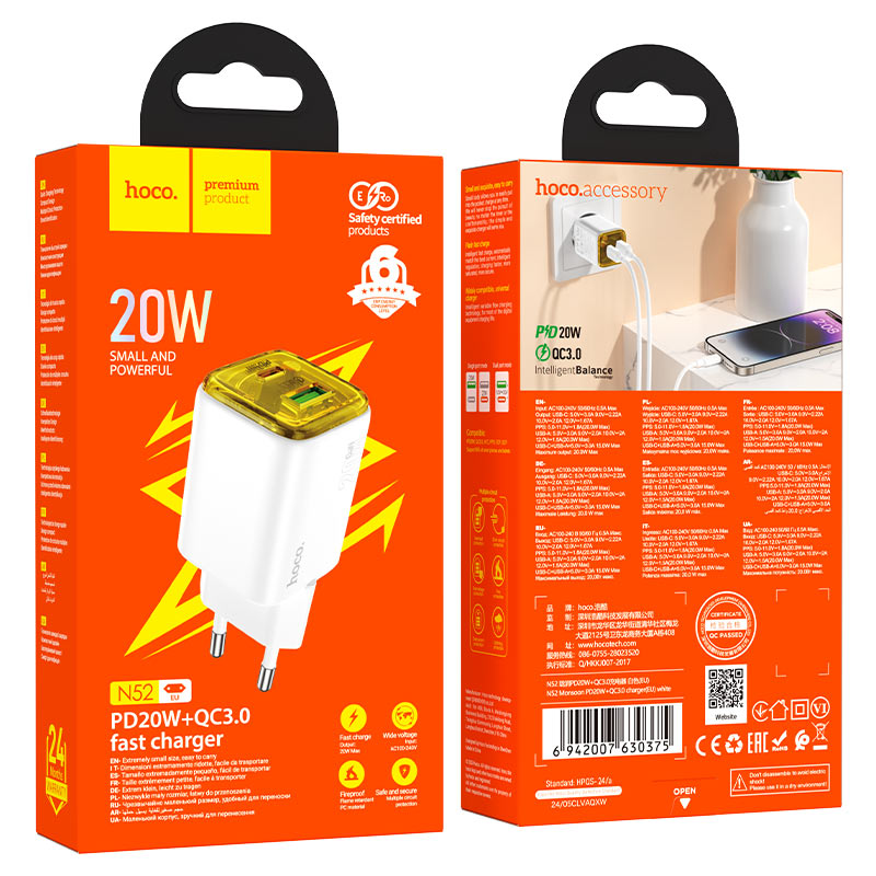 Wall charger “N52 Monsoon” PD20W + QC3.0 EU cable set