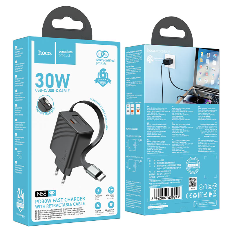 Wall charger “N58 Full” PD30W EU retractable cable