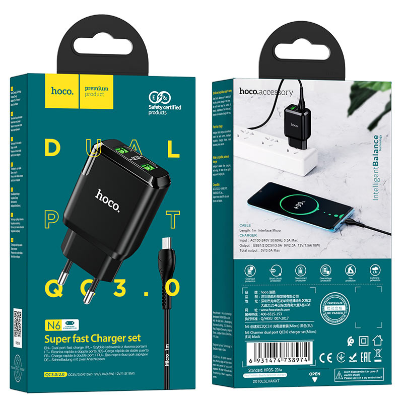 Wall charger “N6 Charmer” dual port QC3.0 EU set with cable