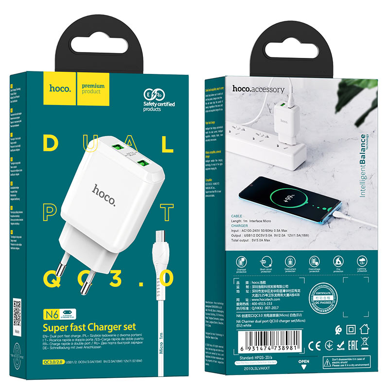 Wall charger “N6 Charmer” dual port QC3.0 EU set with cable