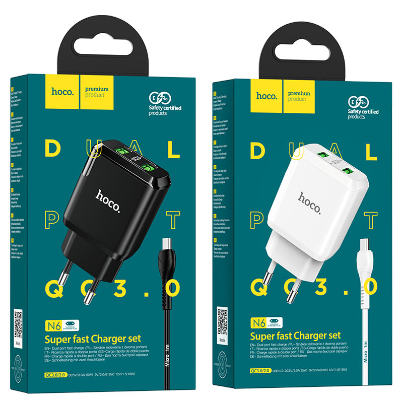 Wall charger “N6 Charmer” dual port QC3.0 EU set with cable