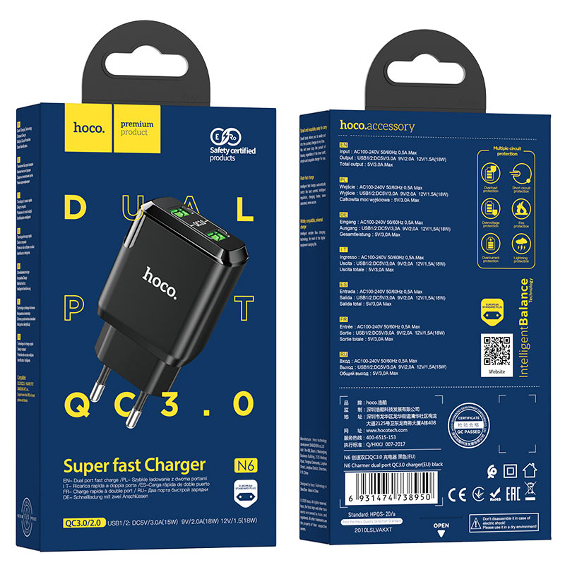 Wall charger “N6 Charmer” dual port QC3.0 EU set with cable