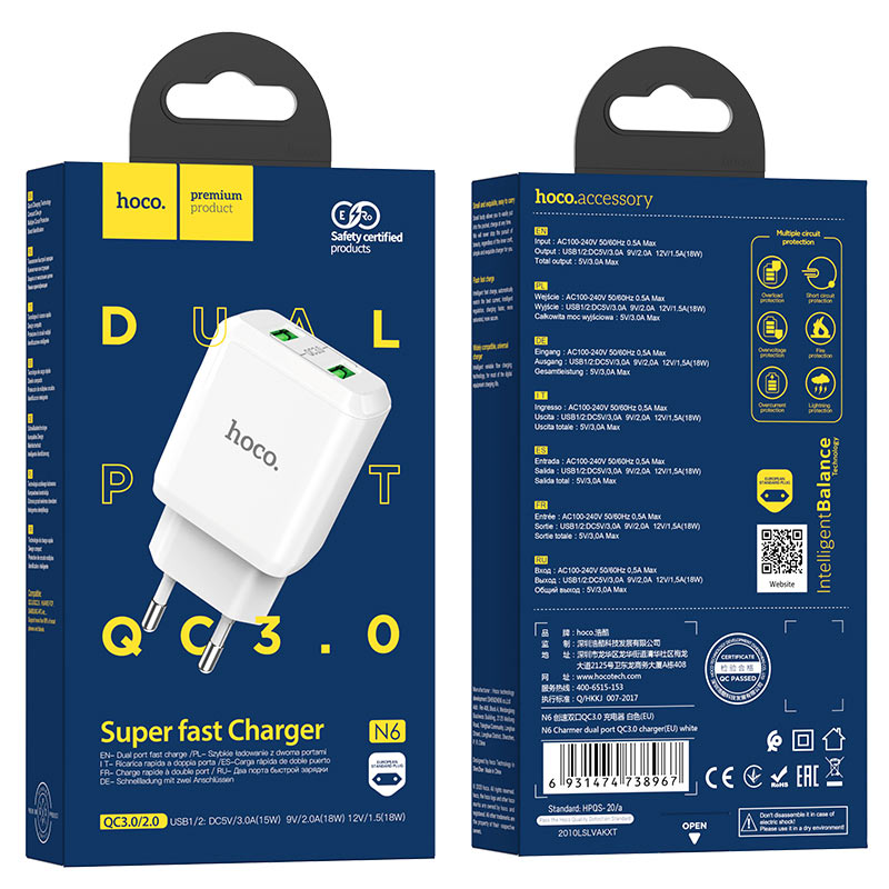 Wall charger “N6 Charmer” dual port QC3.0 EU set with cable