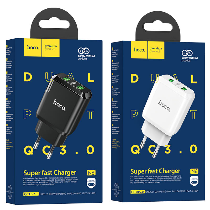Wall charger “N6 Charmer” dual port QC3.0 EU set with cable