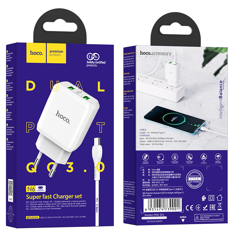 Wall charger “N6 Charmer” dual port QC3.0 EU set with cable