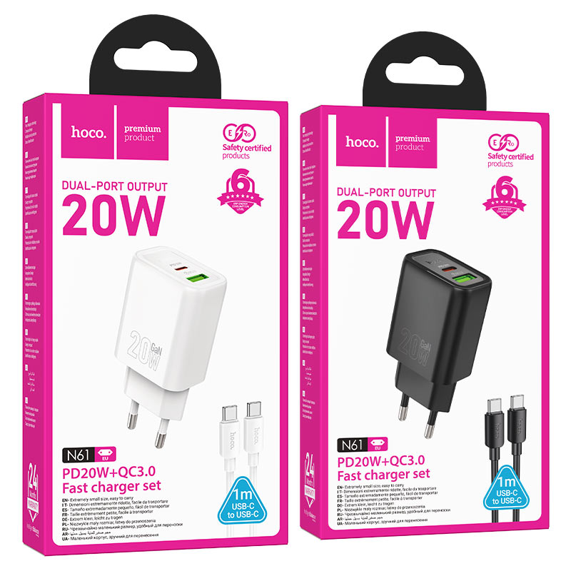 Wall charger “N61 Gentle” PD20W + QC3.0 EU cable set
