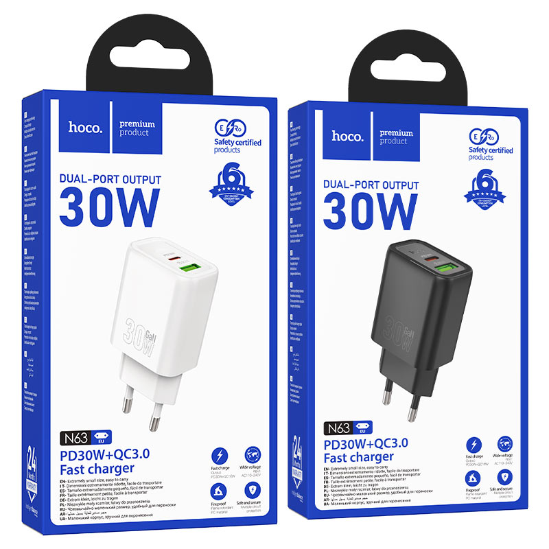 Wall charger “N63 Gentle” PD30W + QC3.0 EU cable set