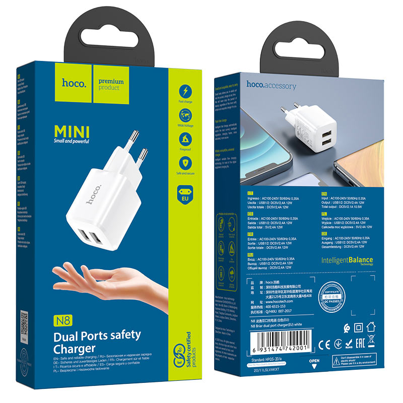 Wall charger “N8 Briar” dual port EU set with cable