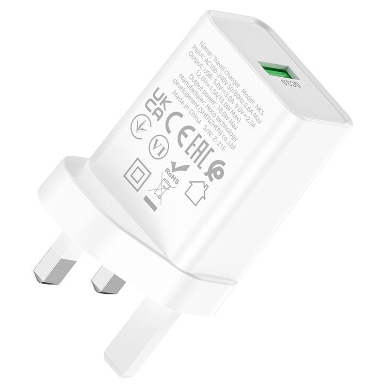 Wall charger “NK5 Seal” single port QC3.0 UK set with cable