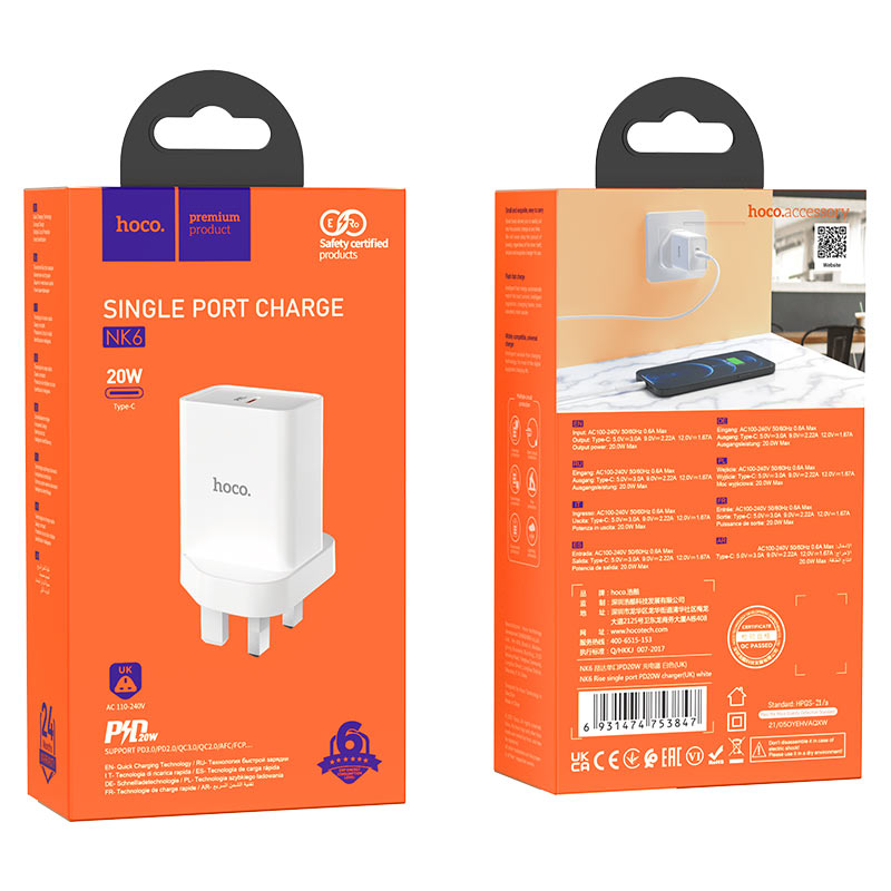 Wall charger “NK6 Rise” single port PD20W UK set with cable