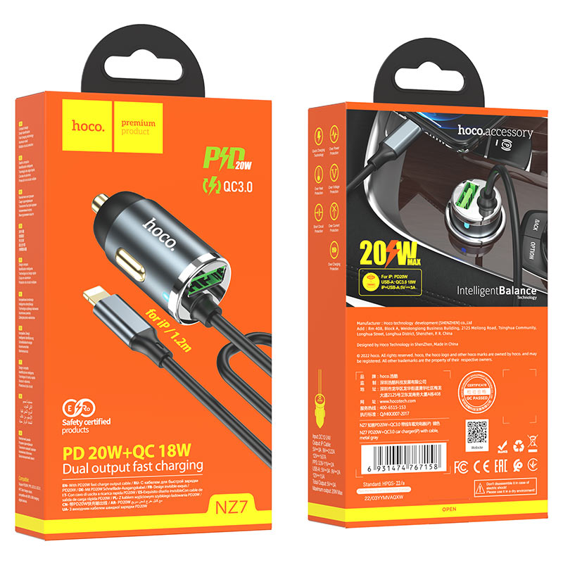 Car charger “NZ7” PD20W + QC3.0 with built-in cable