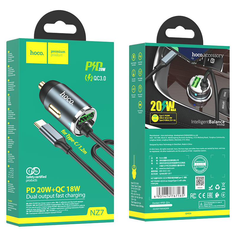 Car charger “NZ7” PD20W + QC3.0 with built-in cable