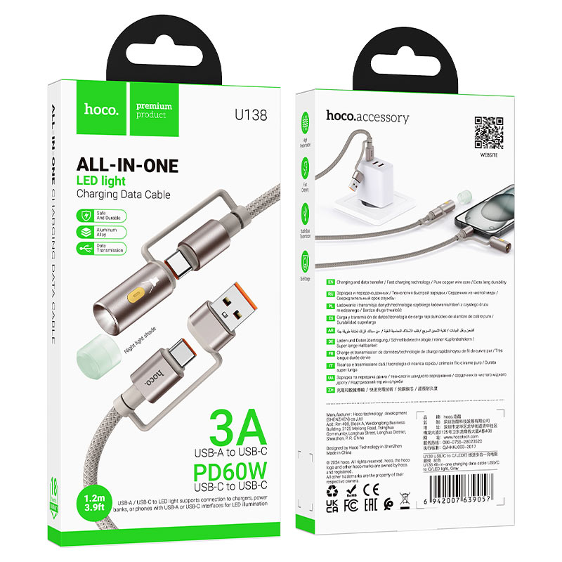 Cable Type-C / USB to Type-C / LED flashlight “U138” 60W