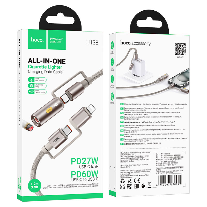 Cable Type-C / iP to Type-C / cigarette lighter “U138” 60W