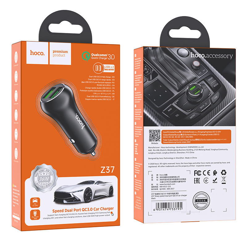 Car charger “Z37 Sharp speed” dual port QC3.0