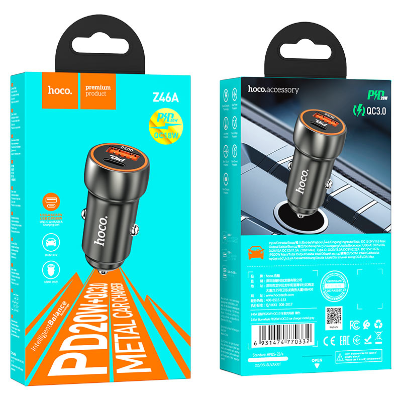 Car charger “Z46A Blue whale” PD20W + QC3.0 set with cable