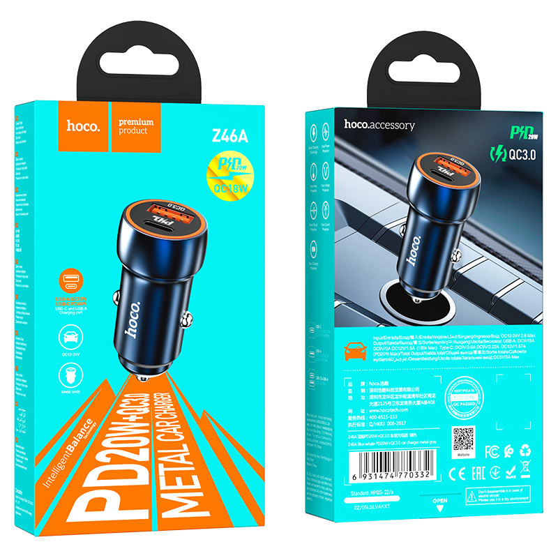 Car charger “Z46A Blue whale” PD20W + QC3.0 set with cable