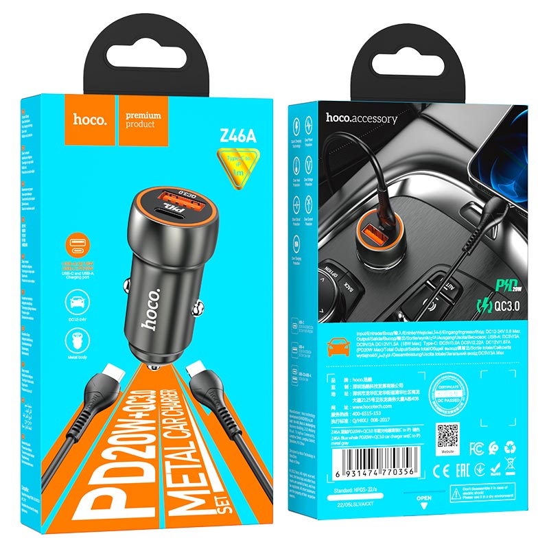 Car charger “Z46A Blue whale” PD20W + QC3.0 set with cable