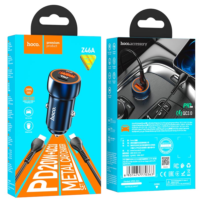 Car charger “Z46A Blue whale” PD20W + QC3.0 set with cable
