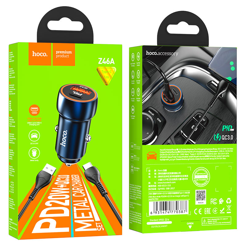 Car charger “Z46A Blue whale” PD20W + QC3.0 set with cable