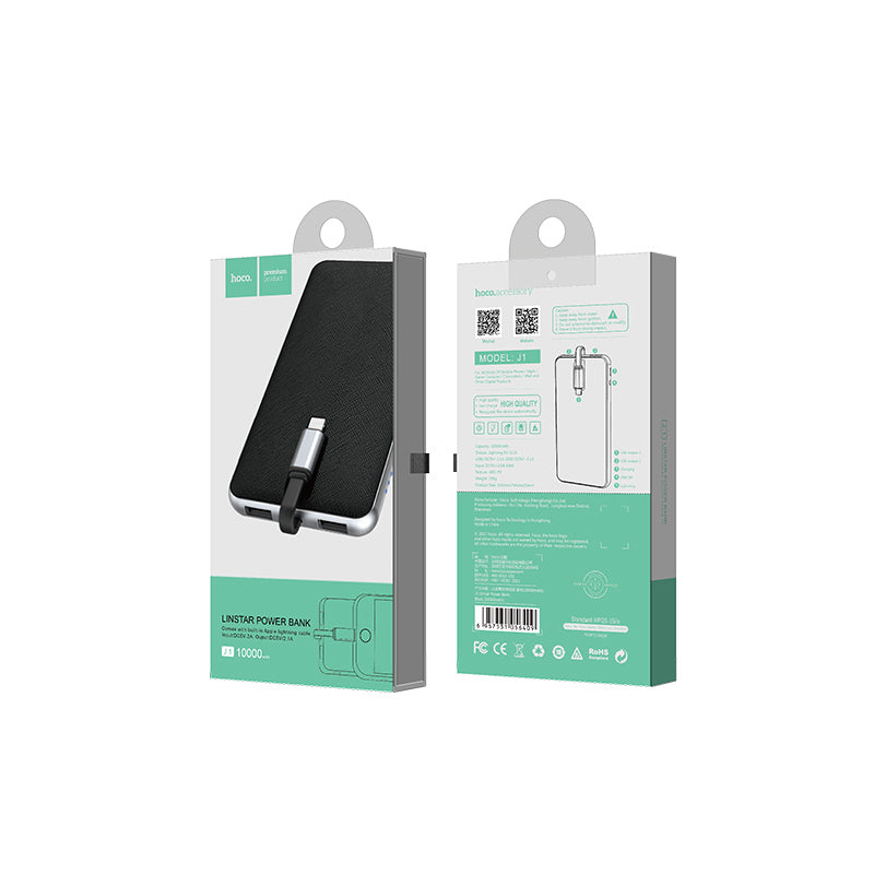 Power bank «J1 Linstar» 10000 mAh single USB with built-in Lightning cable