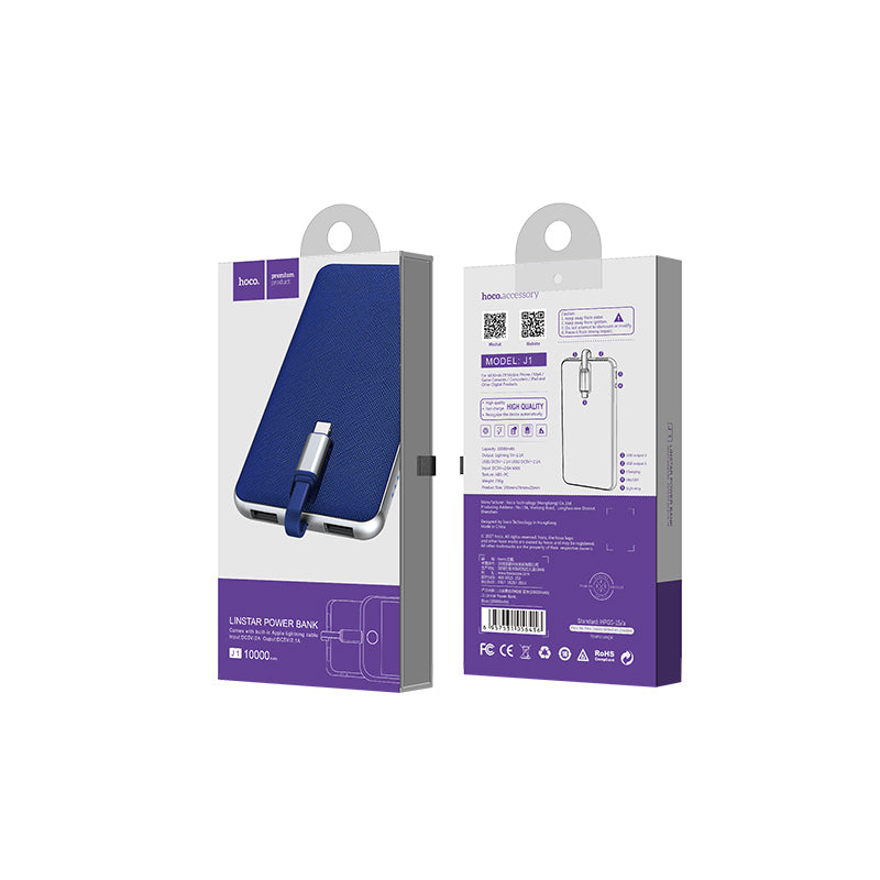 Power bank «J1 Linstar» 10000 mAh single USB with built-in Lightning cable