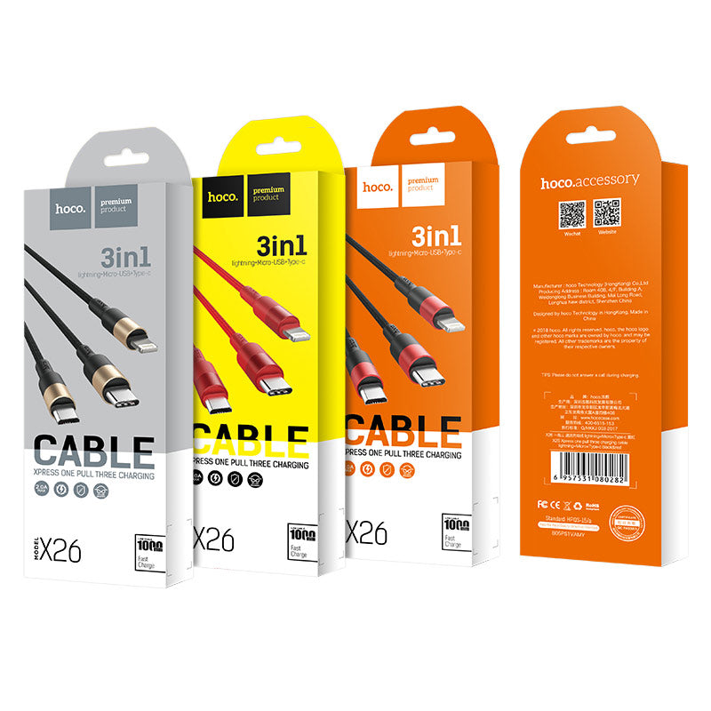 Cable USB to Lightning Micro-USB Type-C «X26 Xpress» charging wire