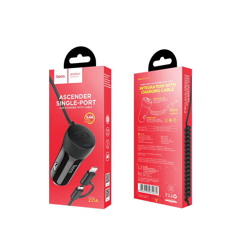 Car charger «Z21A Ascender» single USB built-in cable
