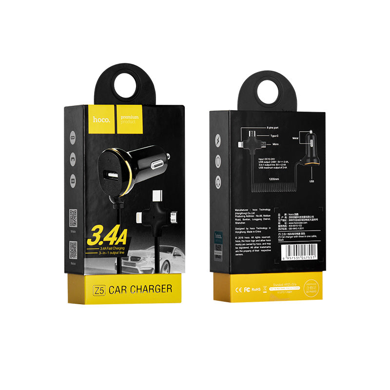 Car charger “Z5” single USB built-in 3 in 1 charging cable